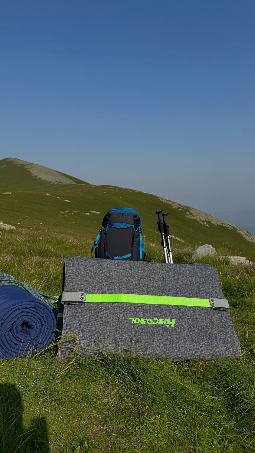 Backpack, sleeping pad, and camping mat on a grassy hill with mountains in the background